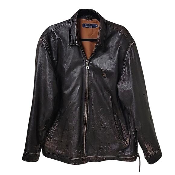 Polo Ralph Lauren Distressed Brown Leather Jacket Mens XL - Picture 1 of 16